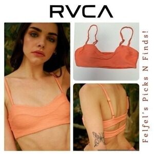 RVCA La Jolla Bikini Top Textured Removable Cups- Coral Orange, Size L